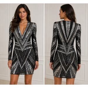 Express XS Black Silver Sequin Bodycon Dress Long Sleeve Deep V Party Mini